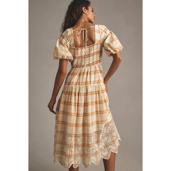 NWT By Anthropologie Puff-Sleeve Eyelet Midi Dress $188 X-SMALL Yellow - Picture 3 of 5